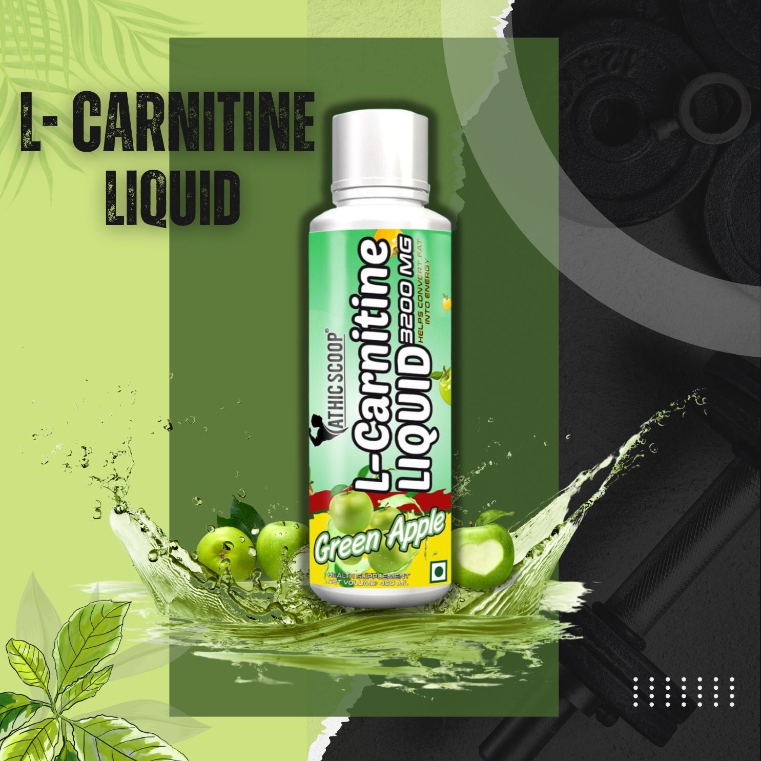 Athic Scoop L-Carnitine Liquid | Green Apple Flavour | 450ml with Free Shaker