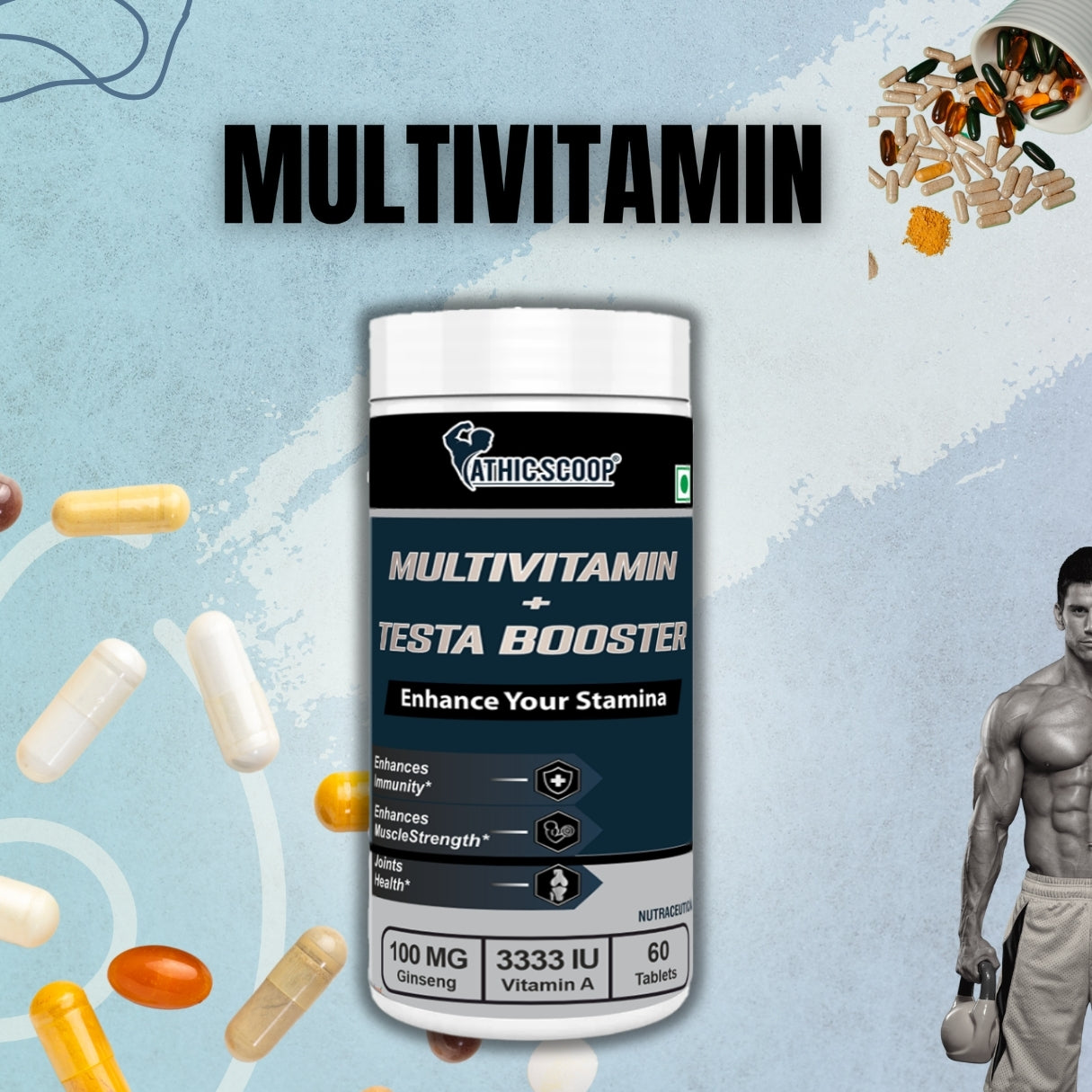 Athic Scoop Multivitamin + Testa Booster | 60 Tablets with Free Shaker